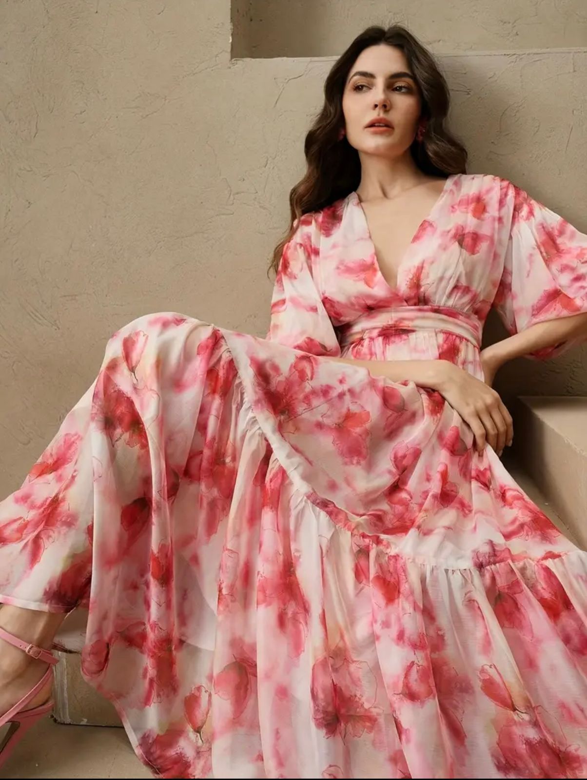 “Blush Bloom Elegance – Flowing Pink Floral Maxi Dress for Effortless Grace”