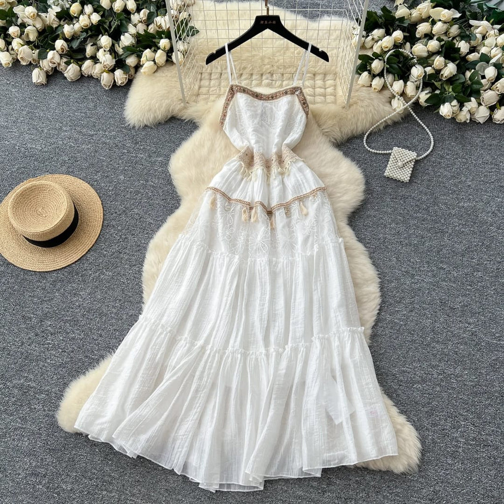 "Boho Chic White Embroidered Maxi Dress – Free Size, Lightweight & Effortless Summer Elegance"