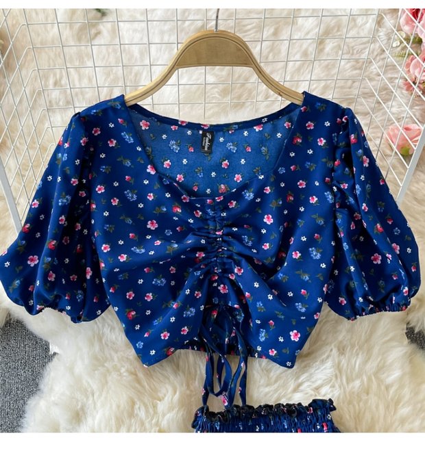 "Elegant Floral Maxi Skirt Set – Premium Puff Sleeve Top & Flowing Skirt, Two Stunning Shades"