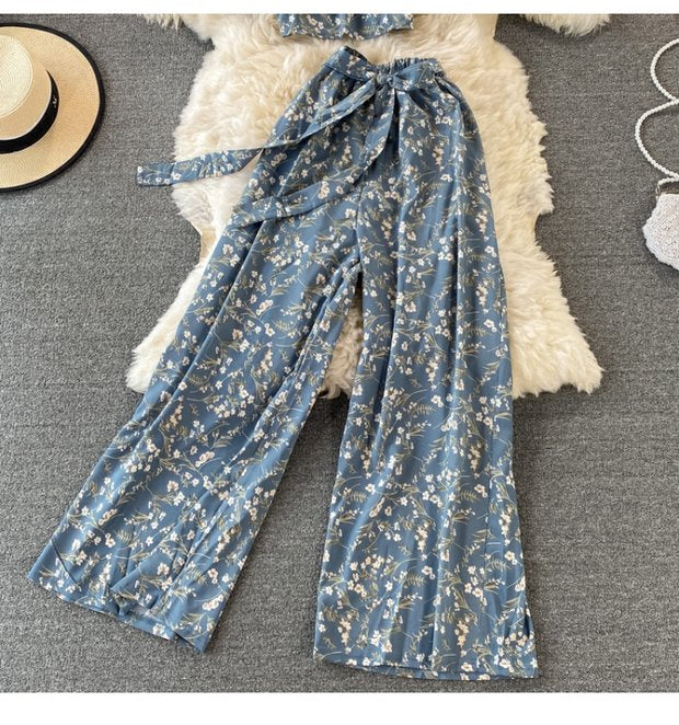 Premium High-Quality Floral Two-Piece Outfit Featuring Delicate Ruffled Crop Top and Graceful Wide-Leg Pants for a Feminine and Stylish Look