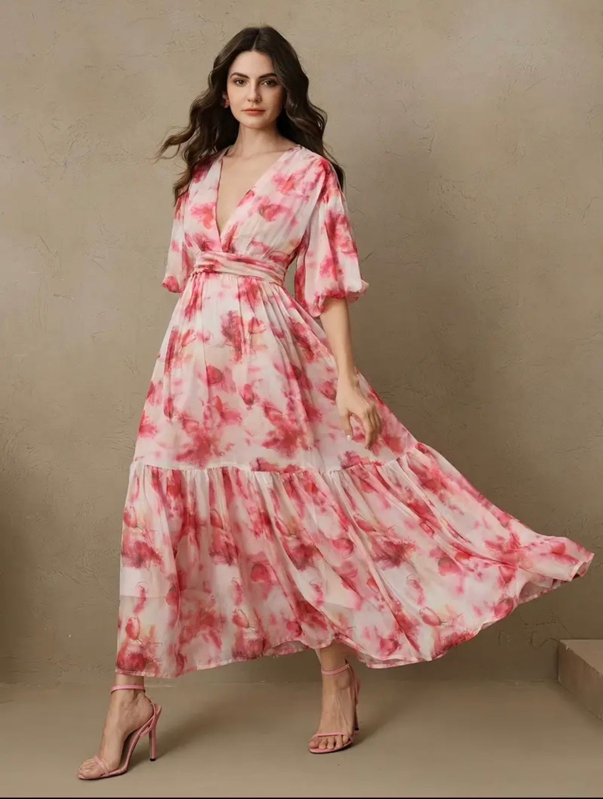 “Blush Bloom Elegance – Flowing Pink Floral Maxi Dress for Effortless Grace”