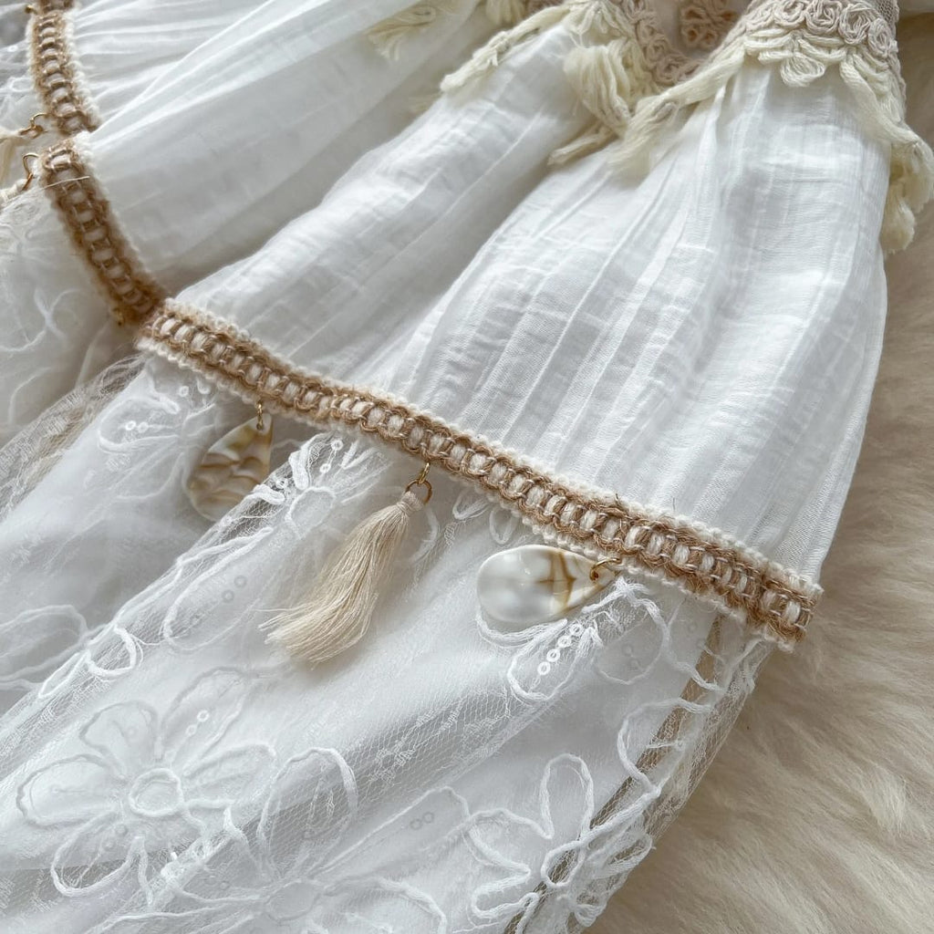 "Boho Chic White Embroidered Maxi Dress – Free Size, Lightweight & Effortless Summer Elegance"