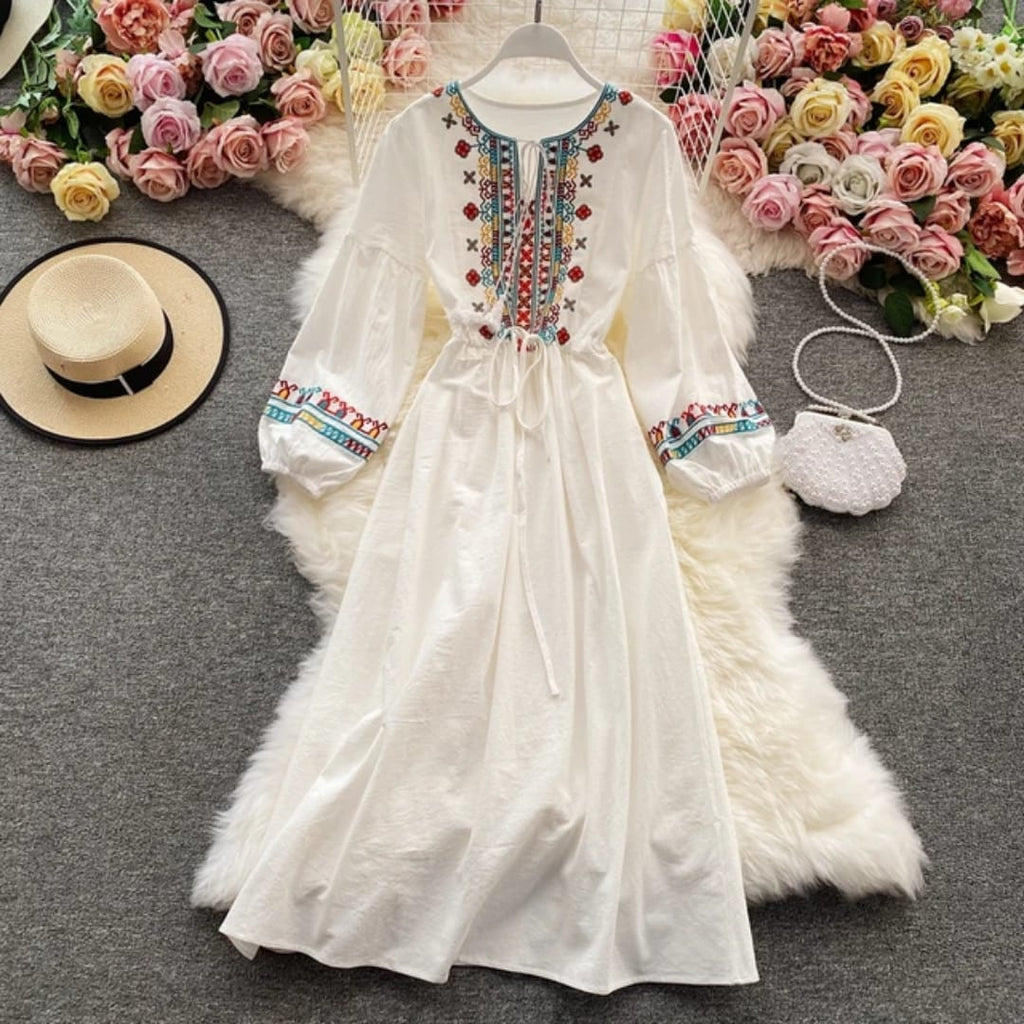 "High-Quality Bohemian Embroidered Maxi Dress – Elegant Lantern Sleeves, Drawstring Waist & Ethnic Chic Detailing"