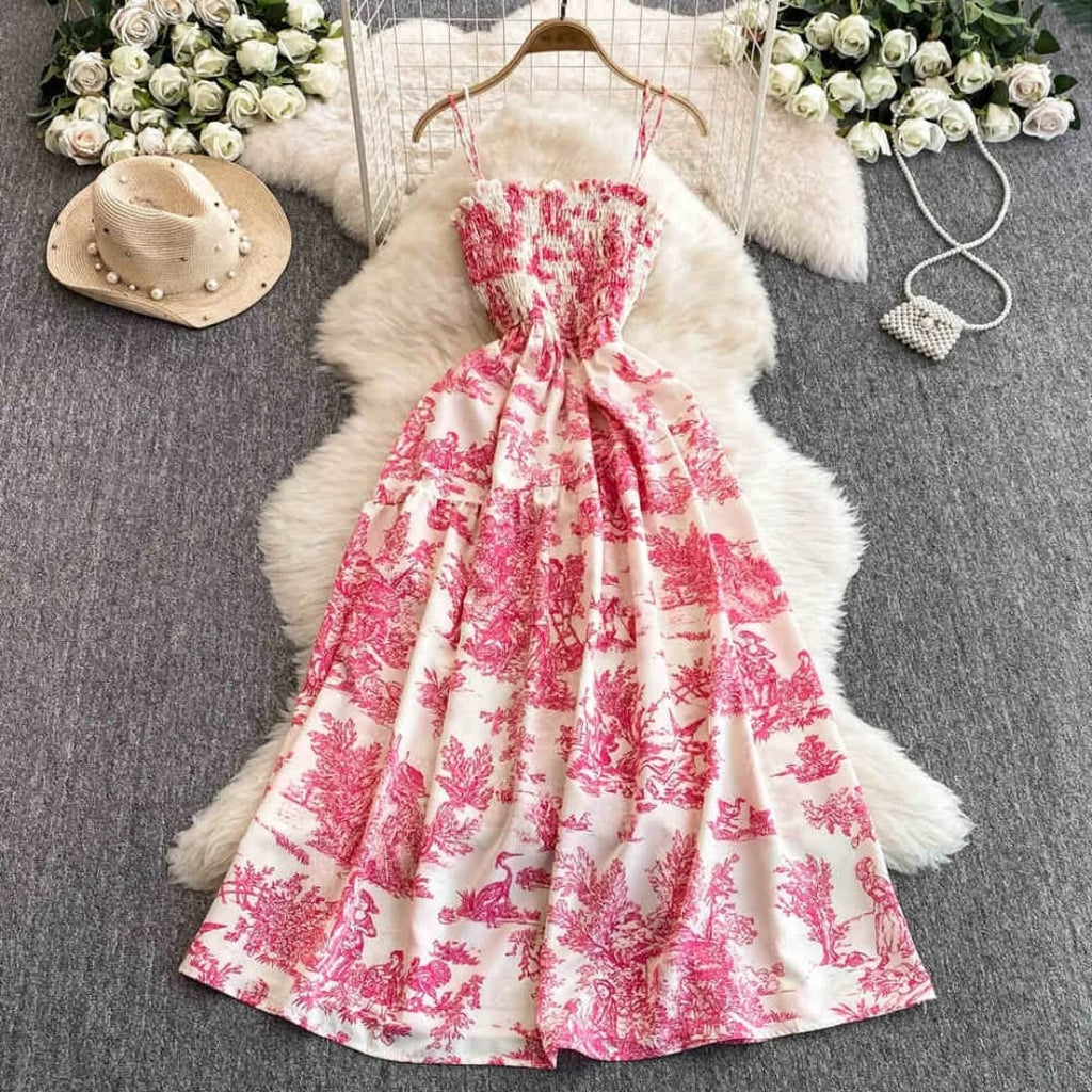 "High-Quality Vintage Pink Toile Print Maxi Dress – Elegant Smocked Bodice, Adjustable Spaghetti Straps & Flowing Summer Silhouette"