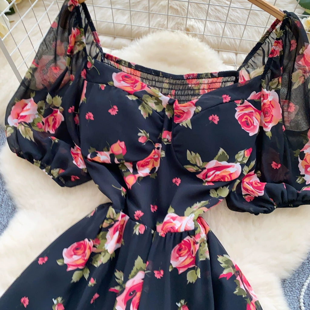 "Romantic Black Off-Shoulder Dress with Red Rose Floral Print – Summer Elegance" 🌹