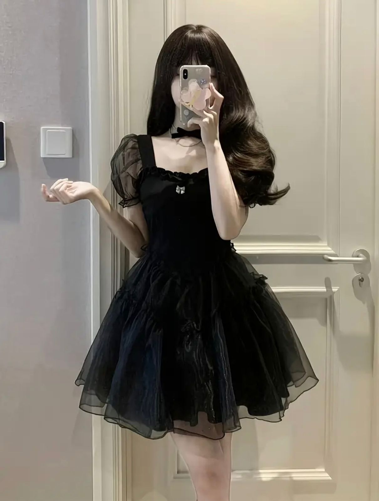 Romantic Black Fairycore Dress – Sheer Puff Sleeves and Layered Tulle Mini Skirt
