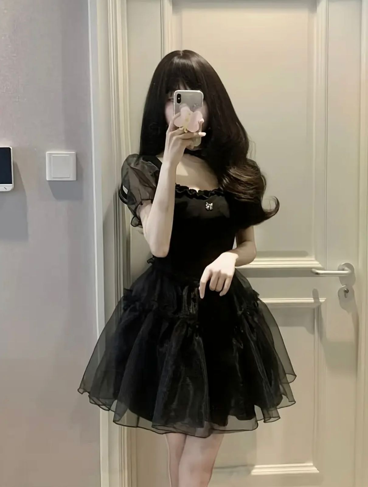 Romantic Black Fairycore Dress – Sheer Puff Sleeves and Layered Tulle Mini Skirt