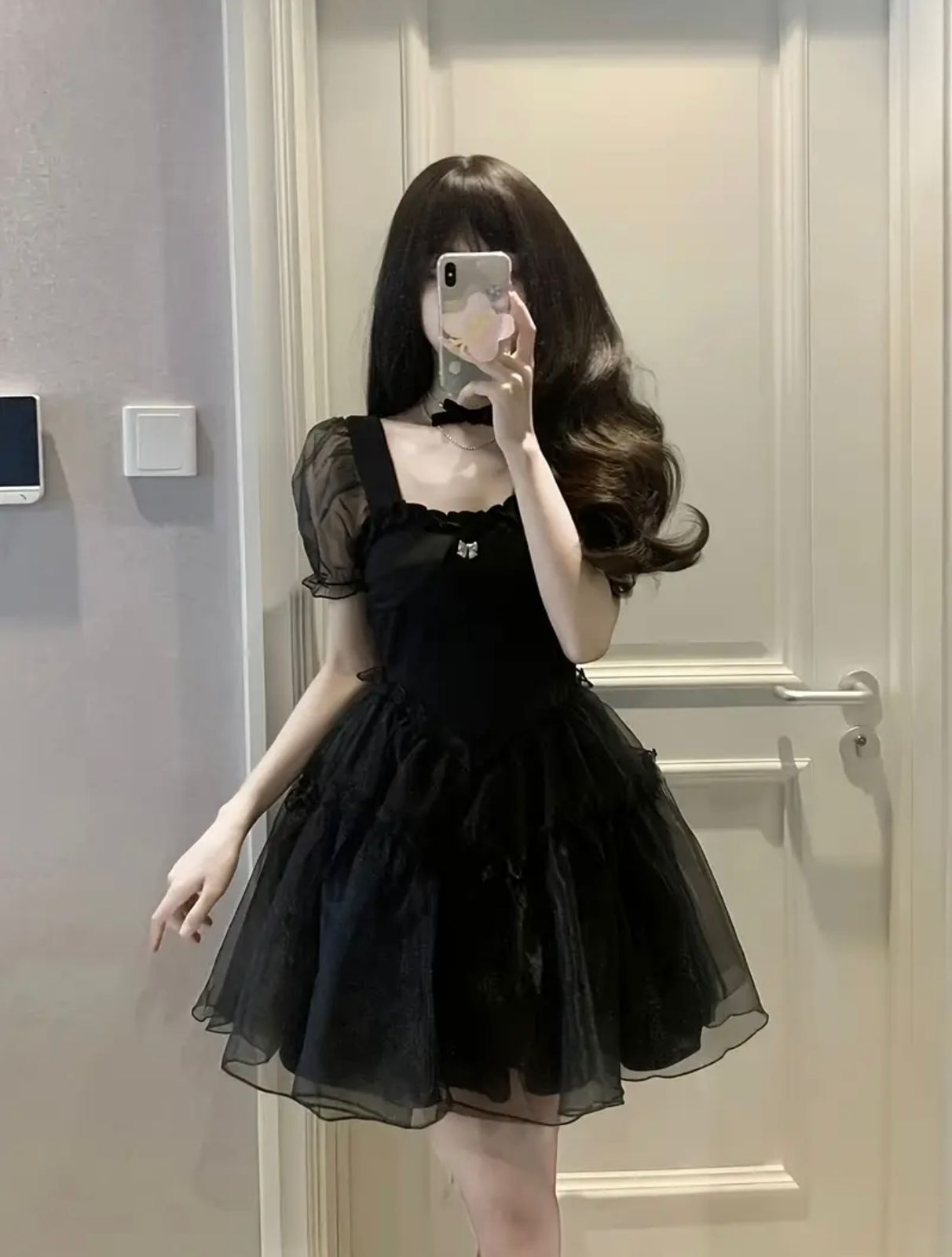 Romantic Black Fairycore Dress – Sheer Puff Sleeves and Layered Tulle Mini Skirt