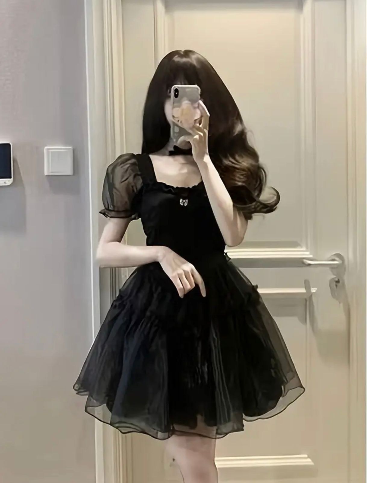 Romantic Black Fairycore Dress – Sheer Puff Sleeves and Layered Tulle Mini Skirt