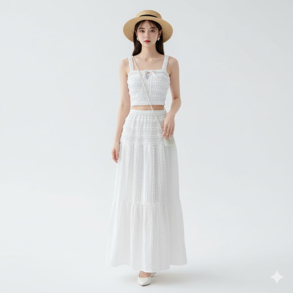 "Two-Piece Smocked Crop Top & Maxi Skirt Set – Free Size, Elegant Hot Pink & Classic White Variants, Fits 46–66kg"