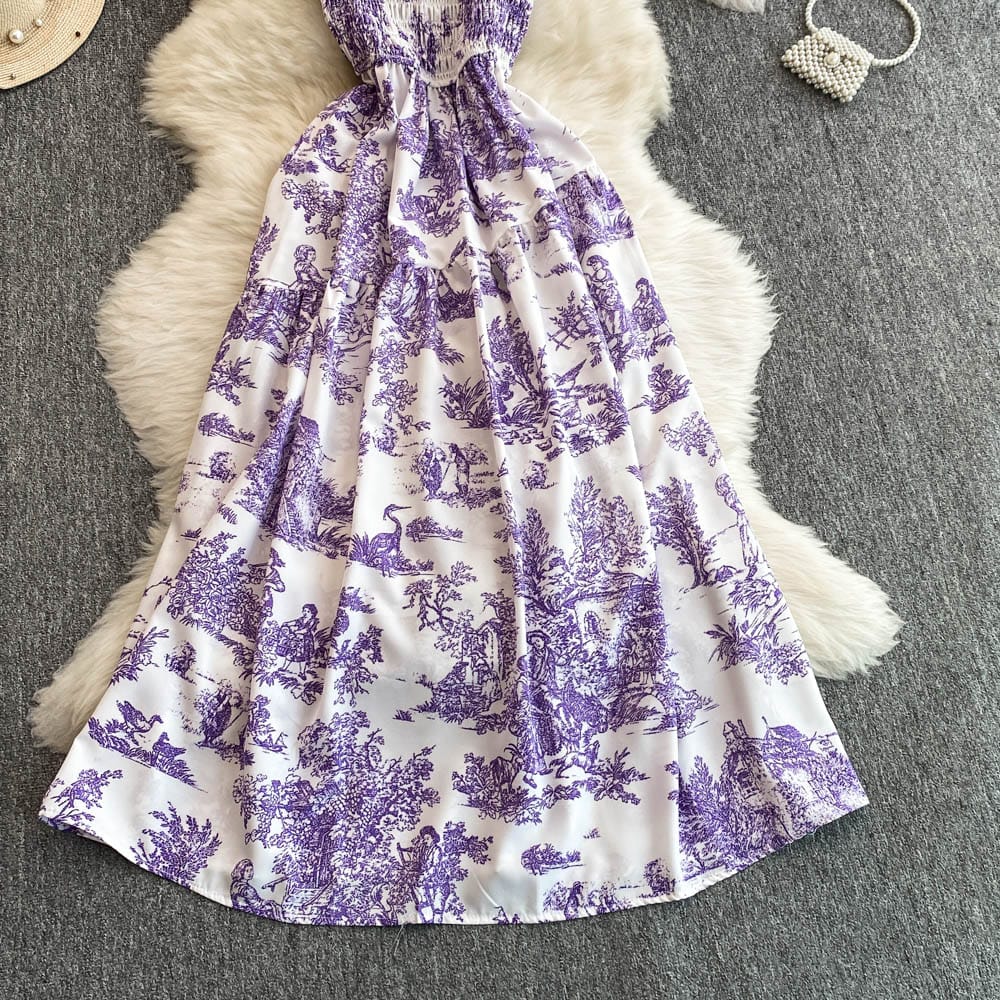 "High-Quality Royal Violet Toile Print Maxi Dress – Elegant Smocked Bodice, Adjustable Spaghetti Straps & Flowing Summer Silhouette"
