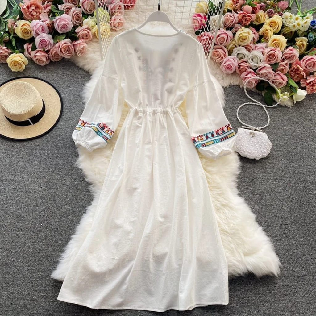 "High-Quality Bohemian Embroidered Maxi Dress – Elegant Lantern Sleeves, Drawstring Waist & Ethnic Chic Detailing"