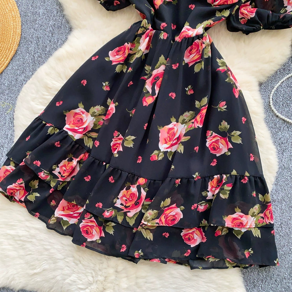 "Romantic Black Off-Shoulder Dress with Red Rose Floral Print – Summer Elegance" 🌹