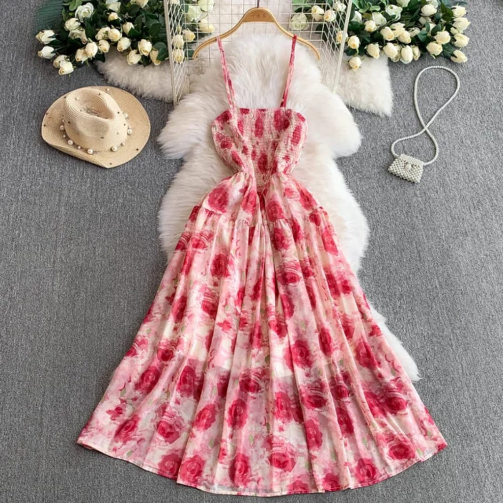 "Elegant Floral Bloom Maxi Dress – Free Size, Lightweight & Flowing Design in Blue & Rosé Variants, Fits 46–66kg"
