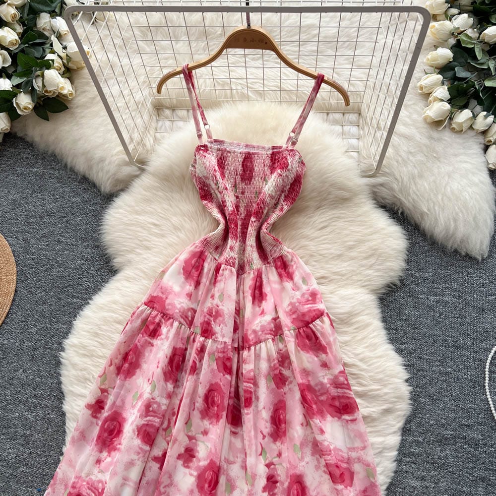 "Elegant Floral Bloom Maxi Dress – Free Size, Lightweight & Flowing Design in Blue & Rosé Variants, Fits 46–66kg"