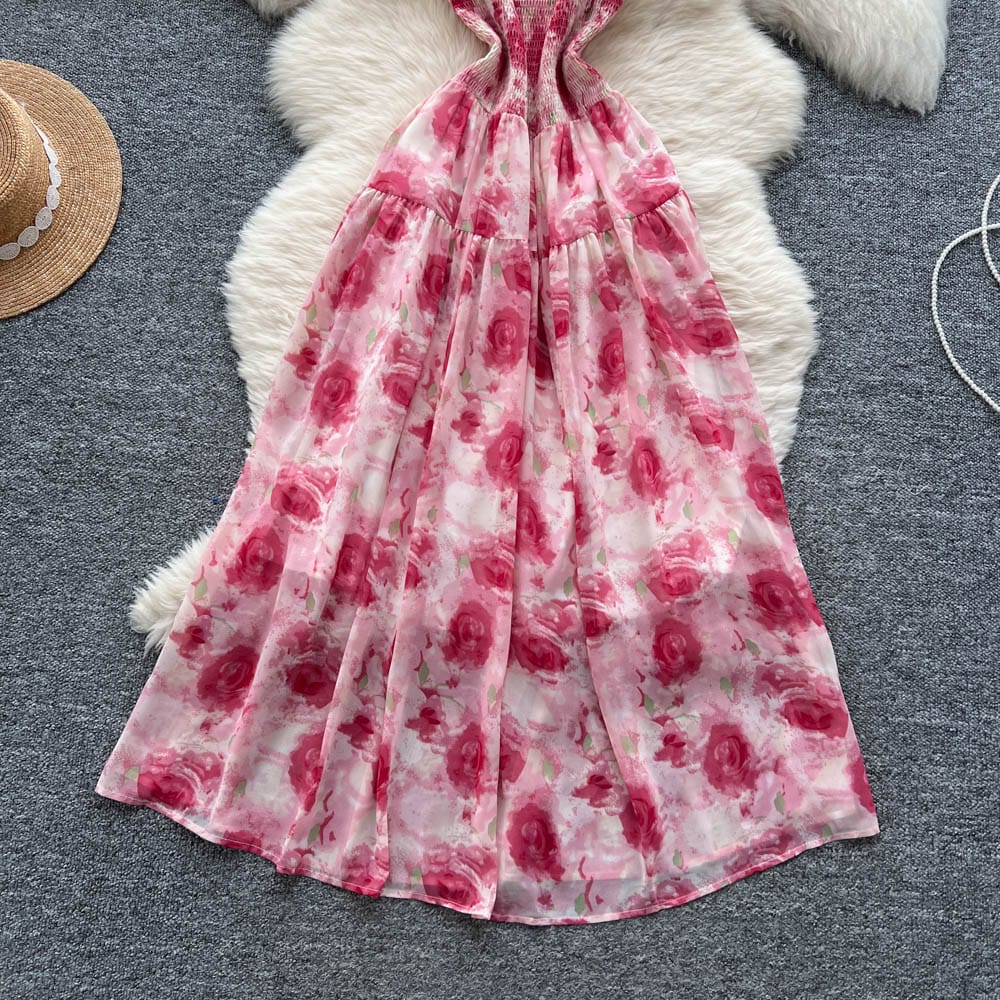 "Elegant Floral Bloom Maxi Dress – Free Size, Lightweight & Flowing Design in Blue & Rosé Variants, Fits 46–66kg"