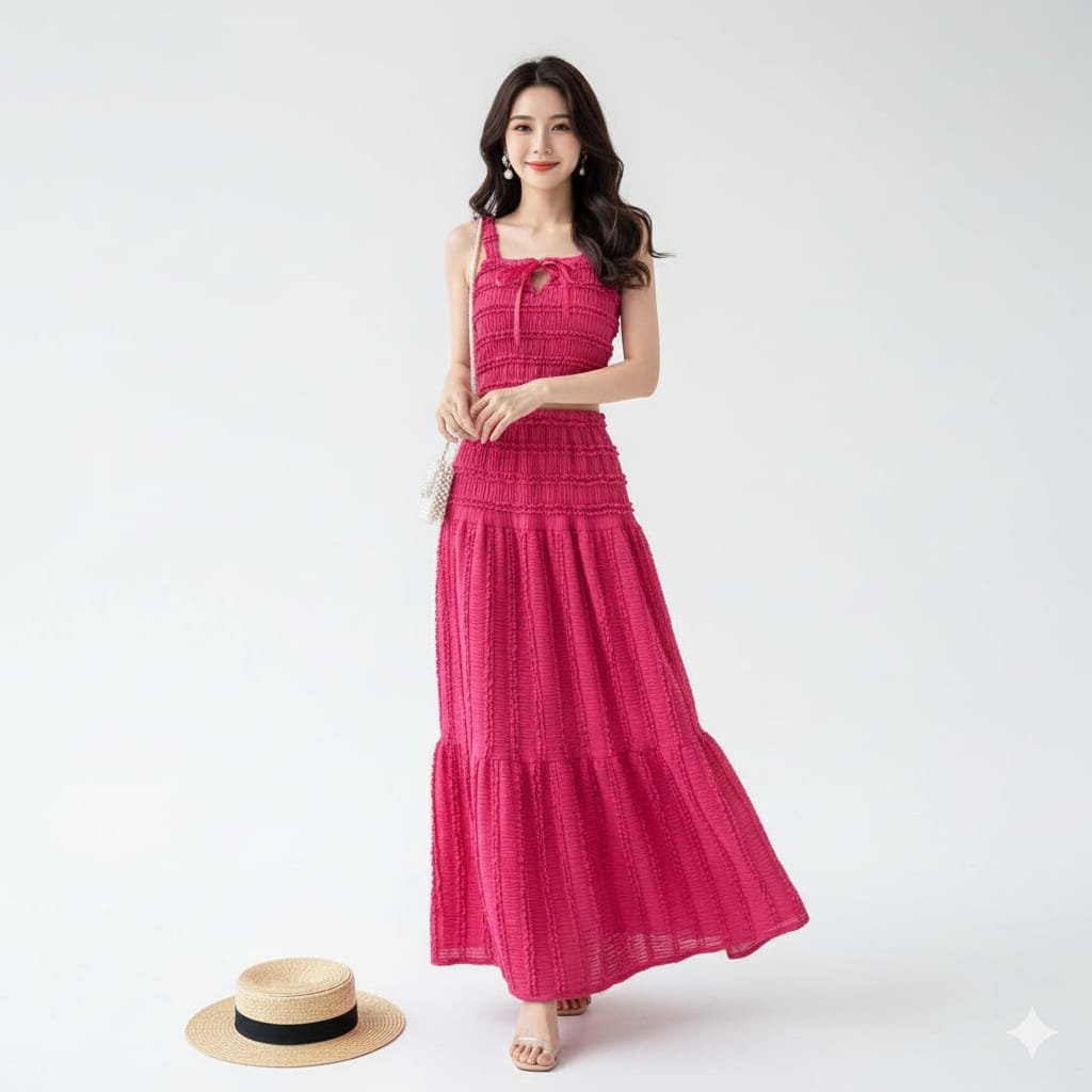 "Two-Piece Smocked Crop Top & Maxi Skirt Set – Free Size, Elegant Hot Pink & Classic White Variants, Fits 46–66kg"