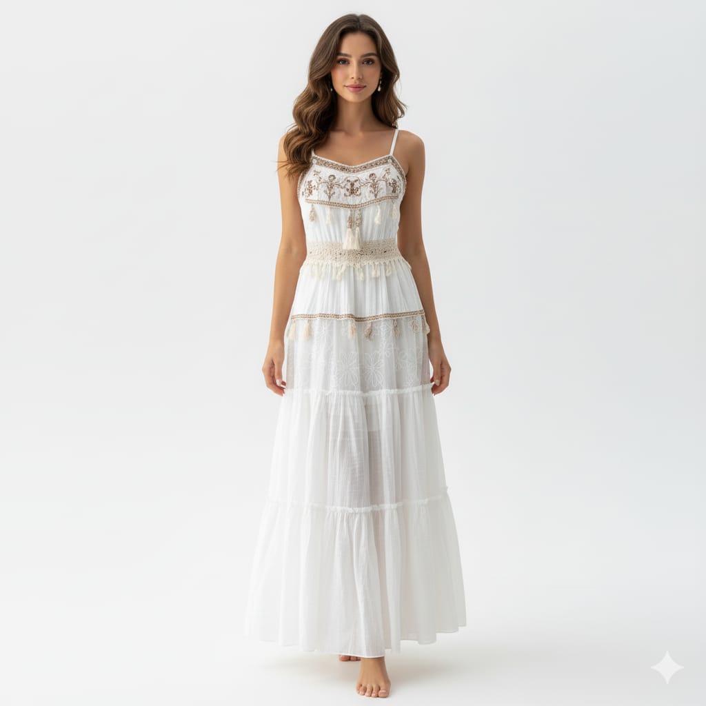 "Boho Chic White Embroidered Maxi Dress – Free Size, Lightweight & Effortless Summer Elegance"