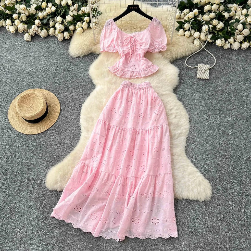 "Sweet Blossom Pink Eyelet Two-Piece Set – Puff Sleeve Peplum Top & Flowing Tiered Maxi Skirt" 🌸