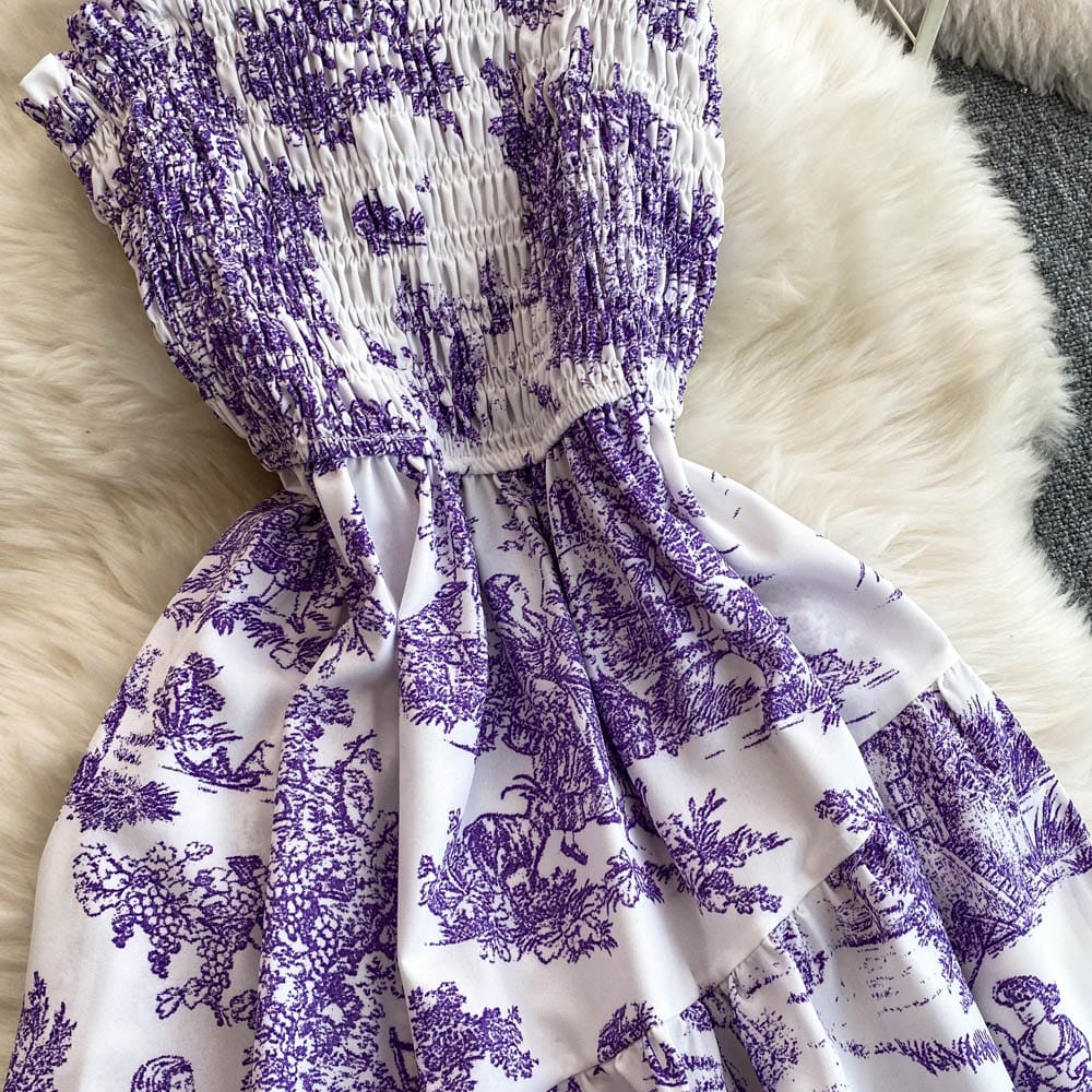 "High-Quality Royal Violet Toile Print Maxi Dress – Elegant Smocked Bodice, Adjustable Spaghetti Straps & Flowing Summer Silhouette"