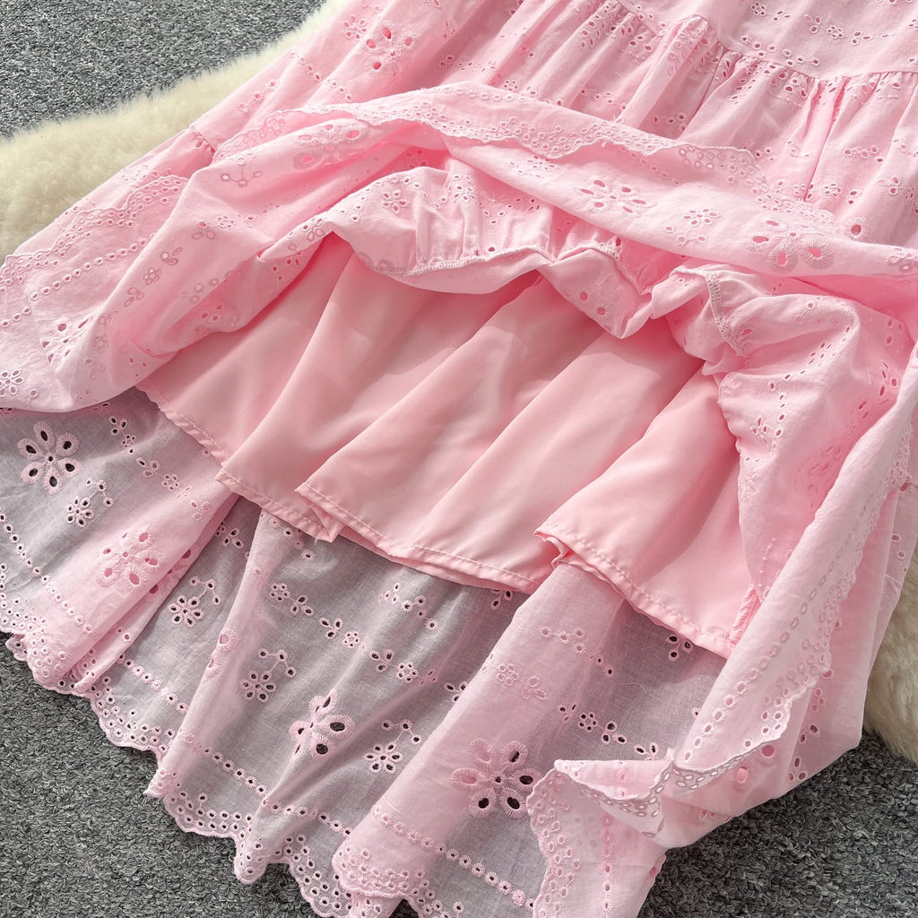"Sweet Blossom Pink Eyelet Two-Piece Set – Puff Sleeve Peplum Top & Flowing Tiered Maxi Skirt" 🌸