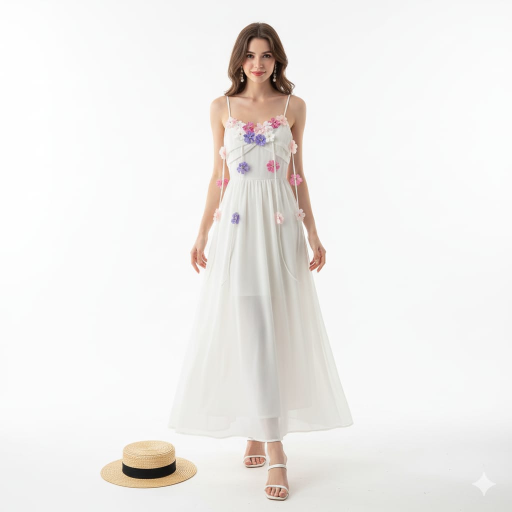Elegant White Floral Embroidered Maxi Dress with Spaghetti Straps Perfect for Summer Outings Beachwear Evening Gatherings Free Size