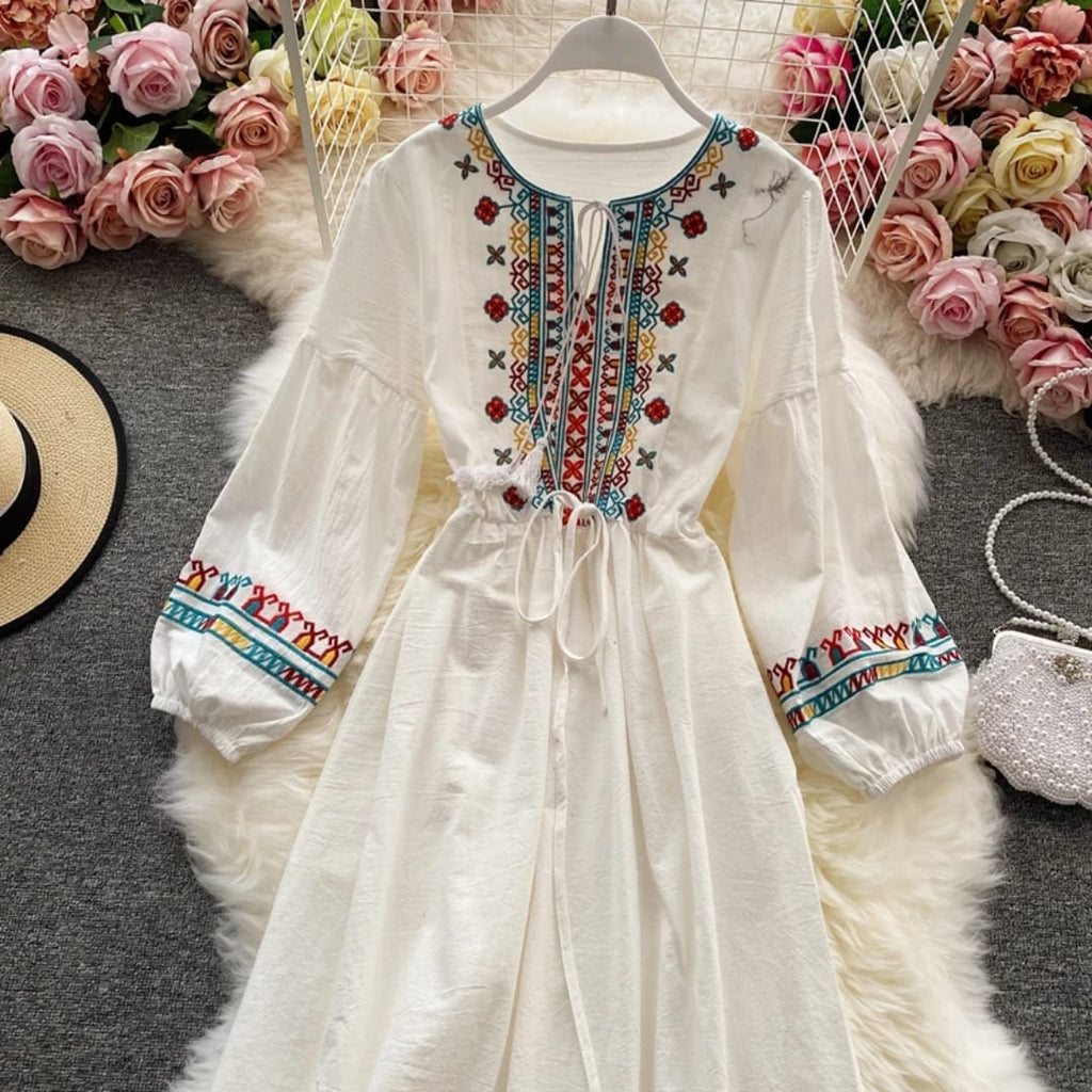 "High-Quality Bohemian Embroidered Maxi Dress – Elegant Lantern Sleeves, Drawstring Waist & Ethnic Chic Detailing"