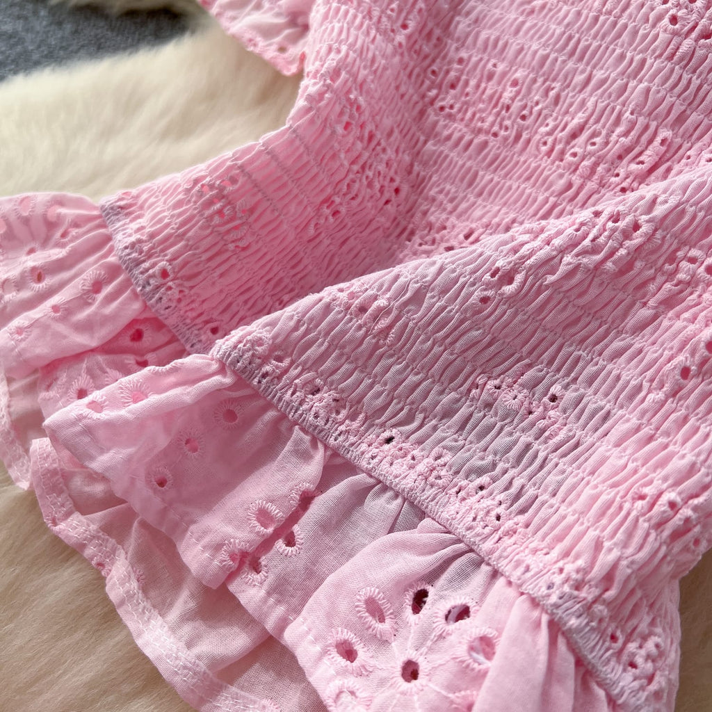"Sweet Blossom Pink Eyelet Two-Piece Set – Puff Sleeve Peplum Top & Flowing Tiered Maxi Skirt" 🌸