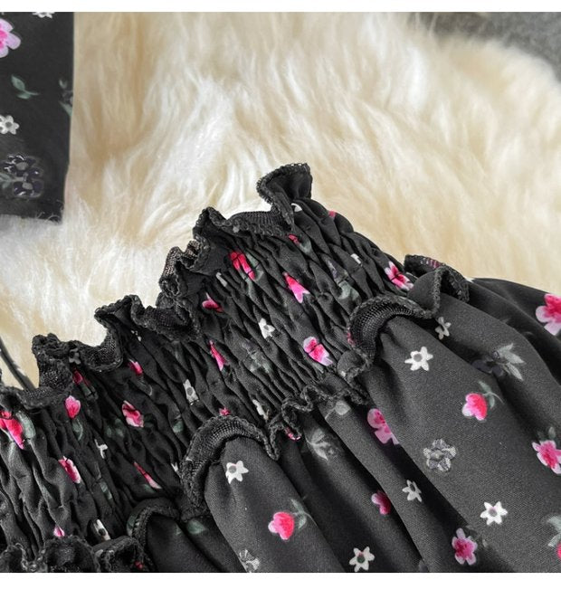 "Elegant Floral Maxi Skirt Set – Premium Puff Sleeve Top & Flowing Skirt, Two Stunning Shades"