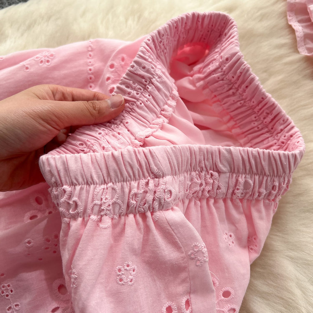 "Sweet Blossom Pink Eyelet Two-Piece Set – Puff Sleeve Peplum Top & Flowing Tiered Maxi Skirt" 🌸