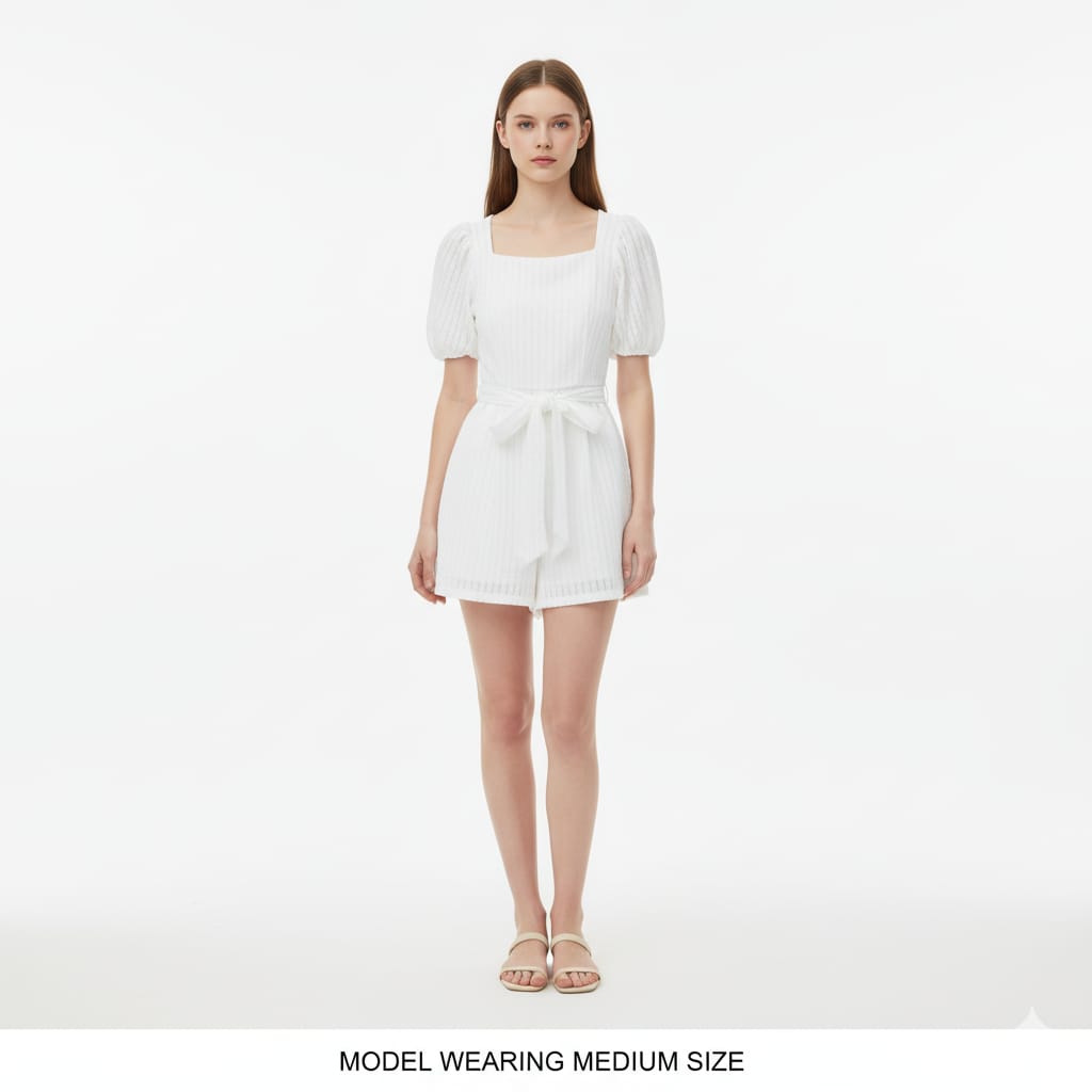 "Luxury White Textured Puff Sleeve Romper – Premium Tailored Fit with Chic Waist Tie & Elegant Silhouette"