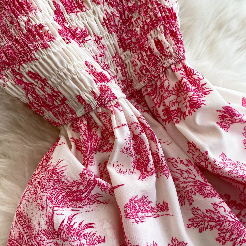 "High-Quality Vintage Pink Toile Print Maxi Dress – Elegant Smocked Bodice, Adjustable Spaghetti Straps & Flowing Summer Silhouette"