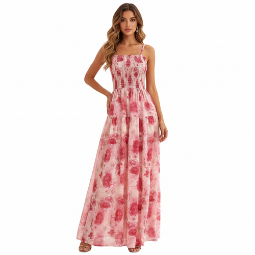 "Elegant Floral Bloom Maxi Dress – Free Size, Lightweight & Flowing Design in Blue & Rosé Variants, Fits 46–66kg"