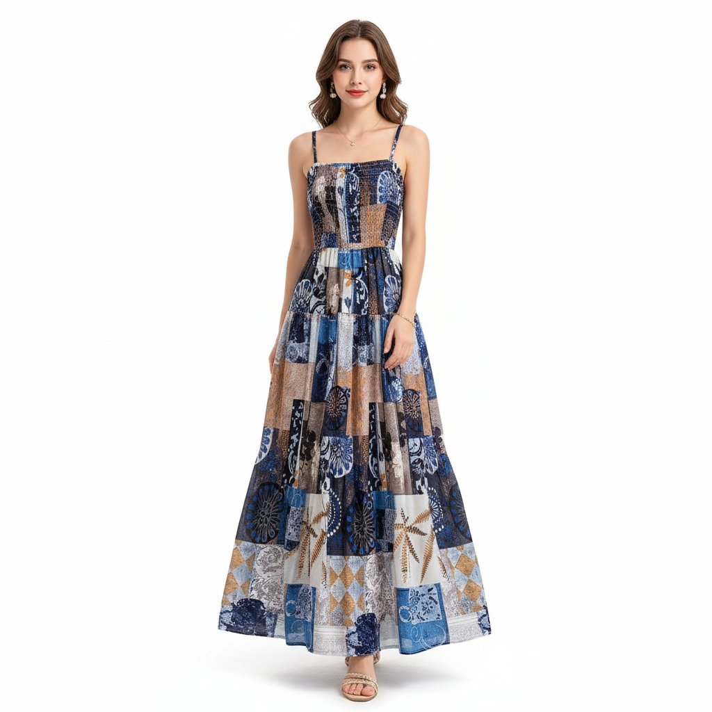 "Elegant Floral Bloom Maxi Dress – Free Size, Lightweight & Flowing Design in Blue & Rosé Variants, Fits 46–66kg"