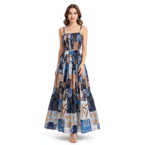 "Elegant Floral Bloom Maxi Dress – Free Size, Lightweight & Flowing Design in Blue & Rosé Variants, Fits 46–66kg"