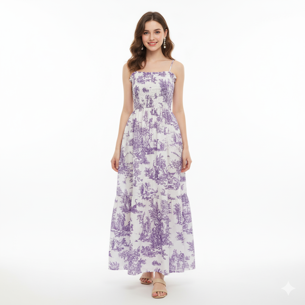 "High-Quality Royal Violet Toile Print Maxi Dress – Elegant Smocked Bodice, Adjustable Spaghetti Straps & Flowing Summer Silhouette"