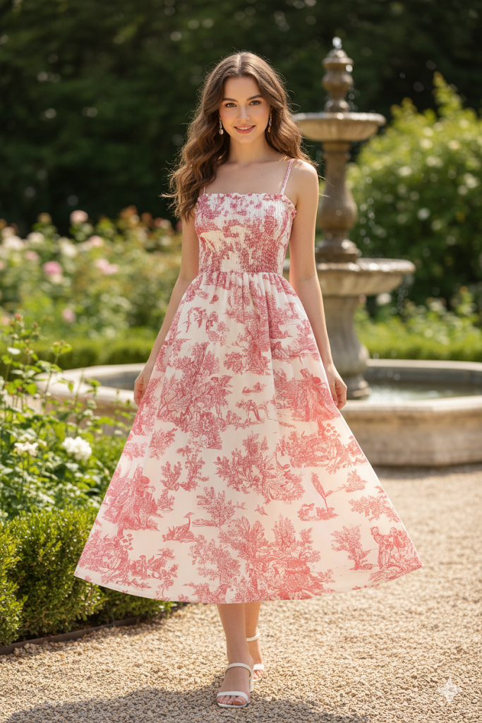 "High-Quality Vintage Pink Toile Print Maxi Dress – Elegant Smocked Bodice, Adjustable Spaghetti Straps & Flowing Summer Silhouette"