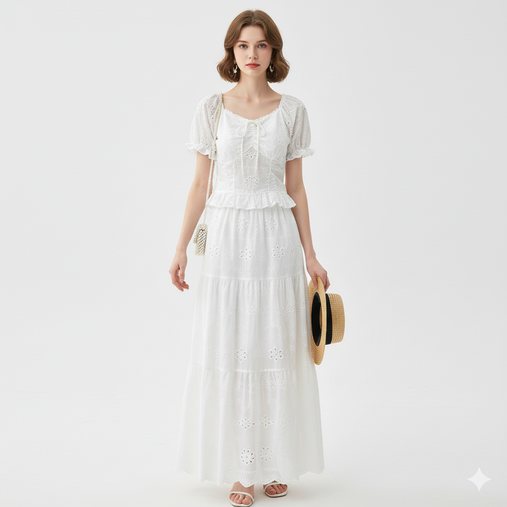 "Elegant White Two-Piece Eyelet Cotton Set – Puff Sleeve Peplum Top & Tiered Maxi Skirt"