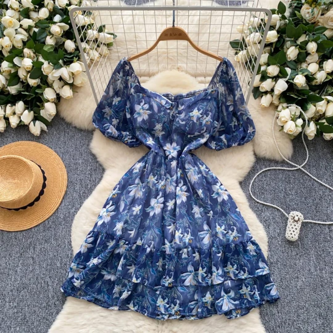 Vintage Floral print Summer Mini Dress (Party,Casual and Beach Holidy Dress)